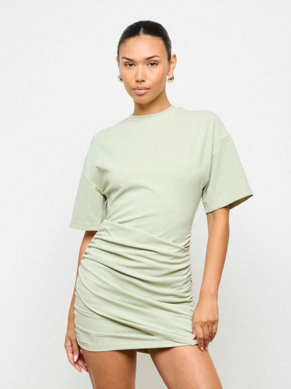 Ruched Short Sleeve Mini Dress - Light Sage